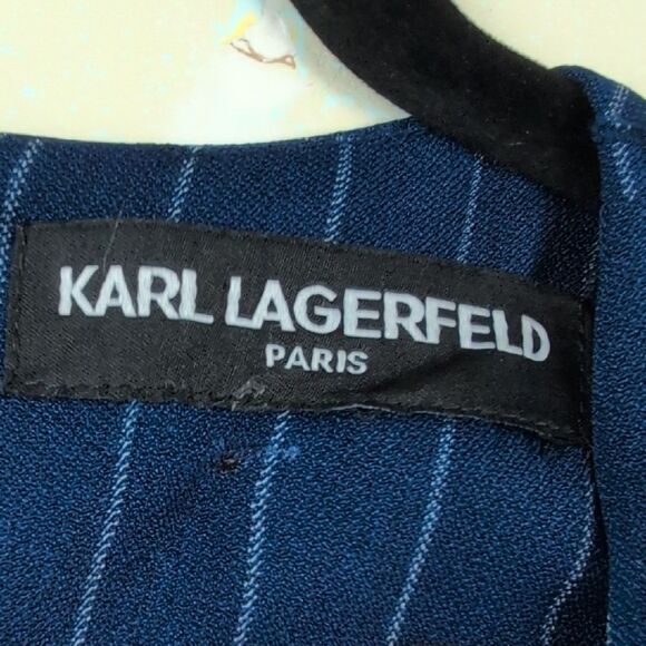 Karl Lagerfeld Paris Navy Pinstripe Sheath Dress  Gold Pearl Buttons Old Money - Picture 2 of 9